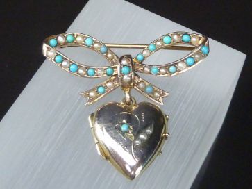 9CT TURQUOISE & PEARL BROOCH
